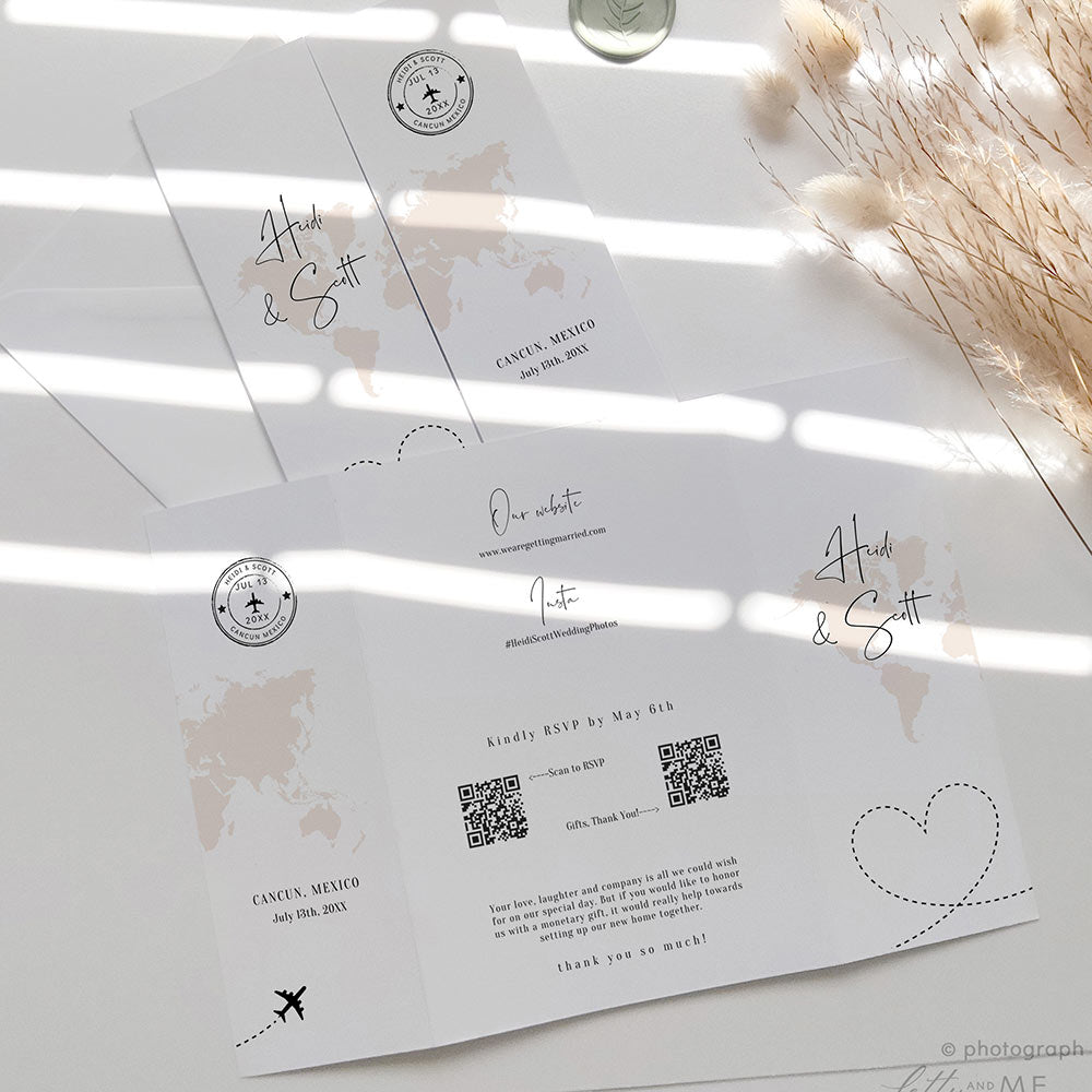Gatefold Invitations with passport stamp and world map