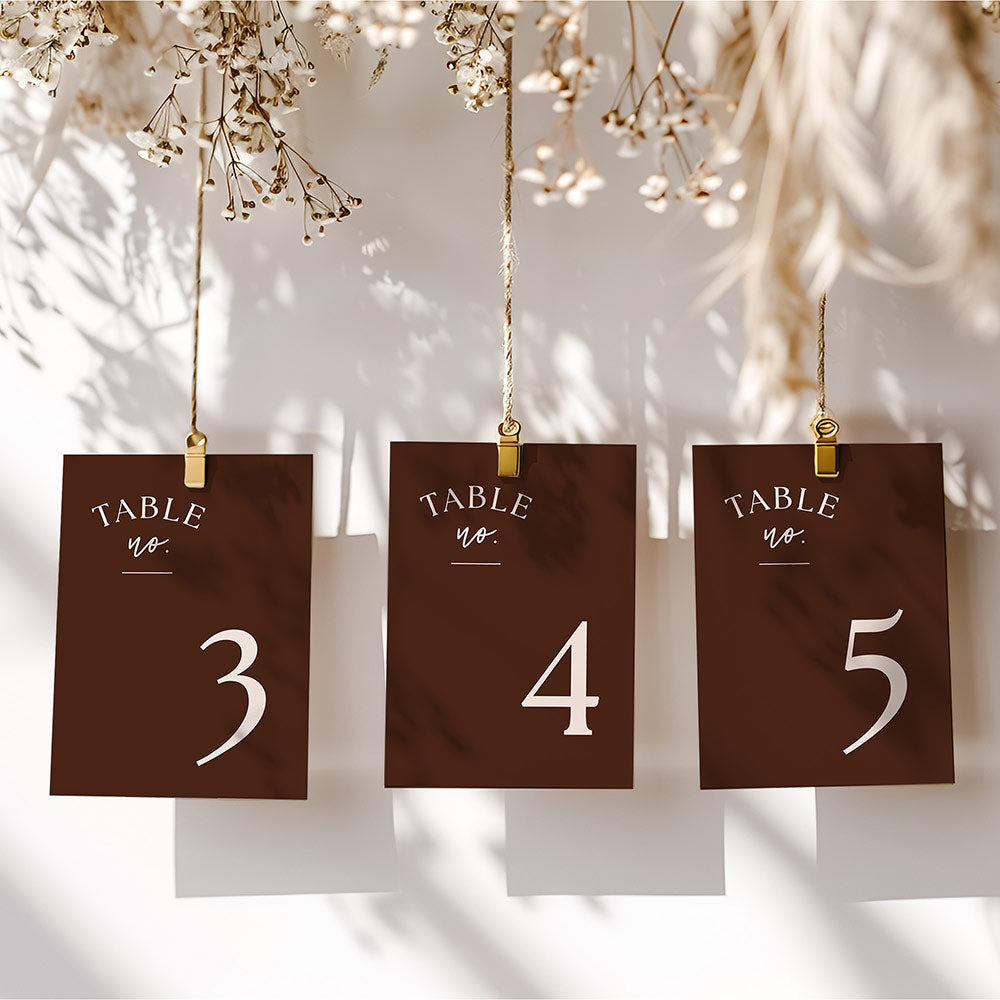 Dark brown wedding table numbers