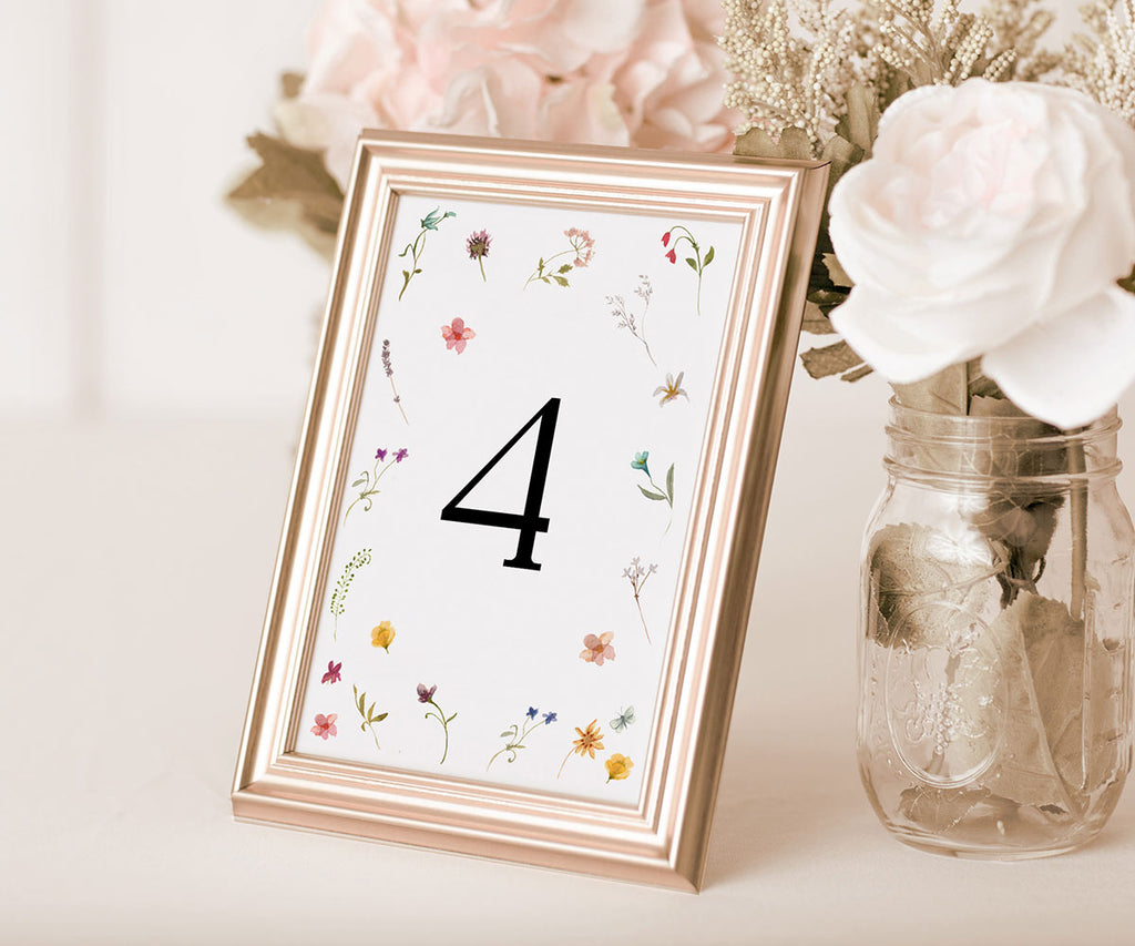 Wedding table numbers with wildflower