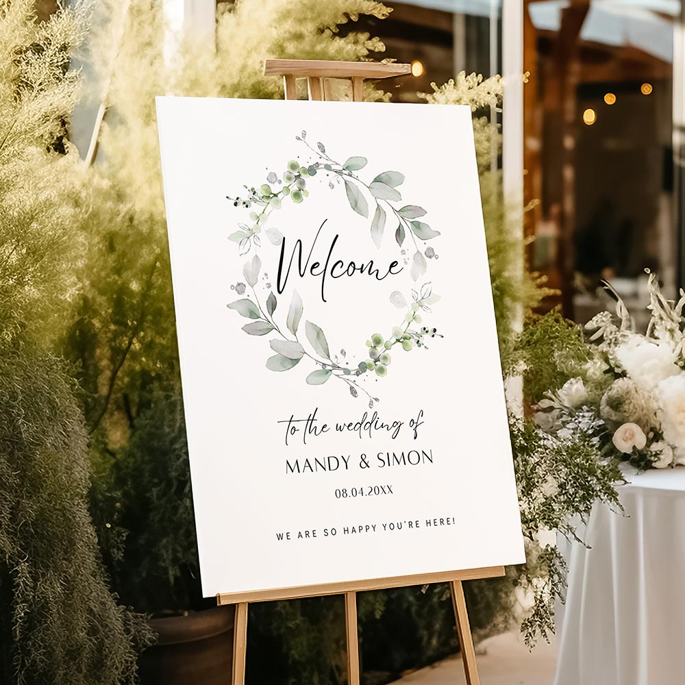 Wedding Welcome siht with greenery wreath