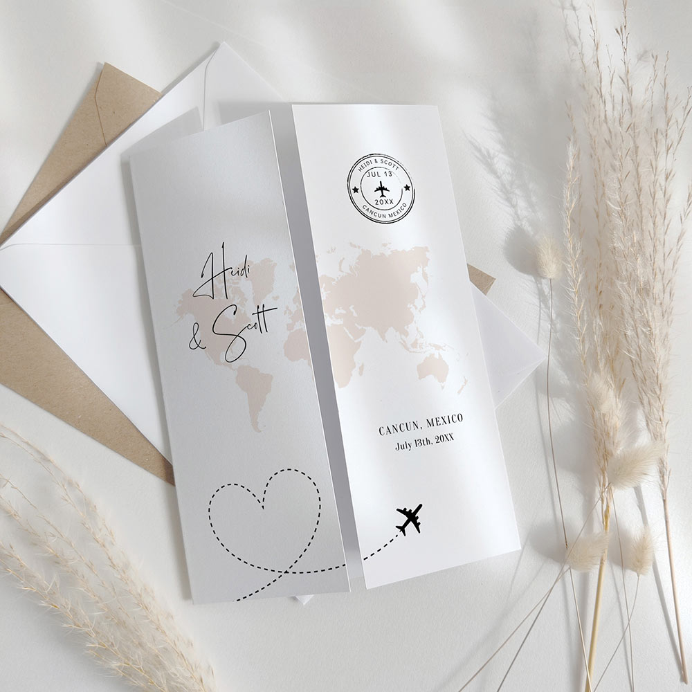 Invitations with World Map, Plane and Passport Stamp